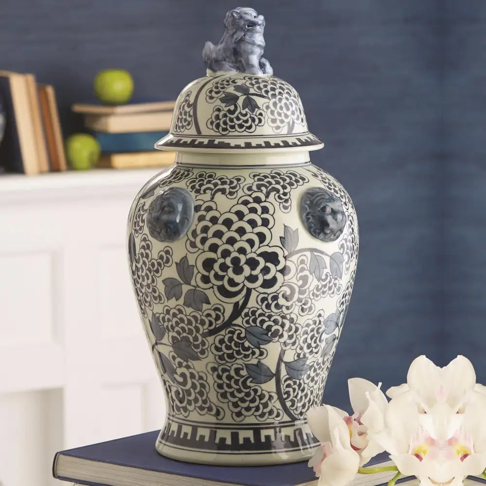 Blue and White Peony Flower Covered Temple Jar - Vase