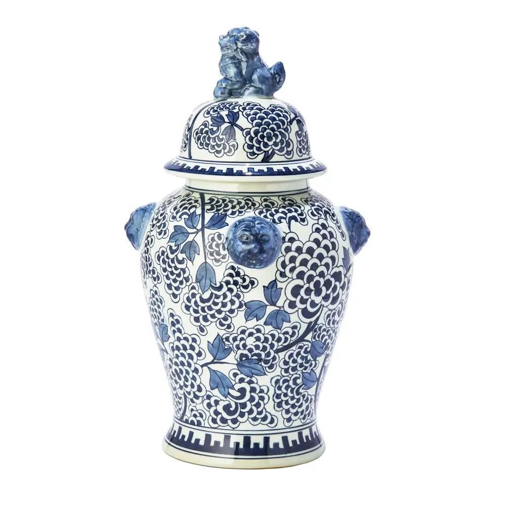 Blue and White Peony Flower Covered Temple Jar - Vase