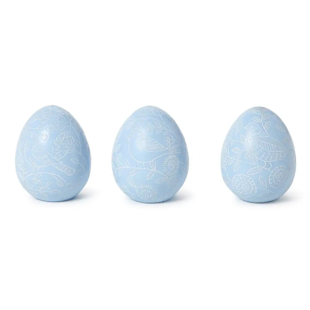 Blue Egg with Hand-Carved Bird Scene - Set of 3 - Easter Decor