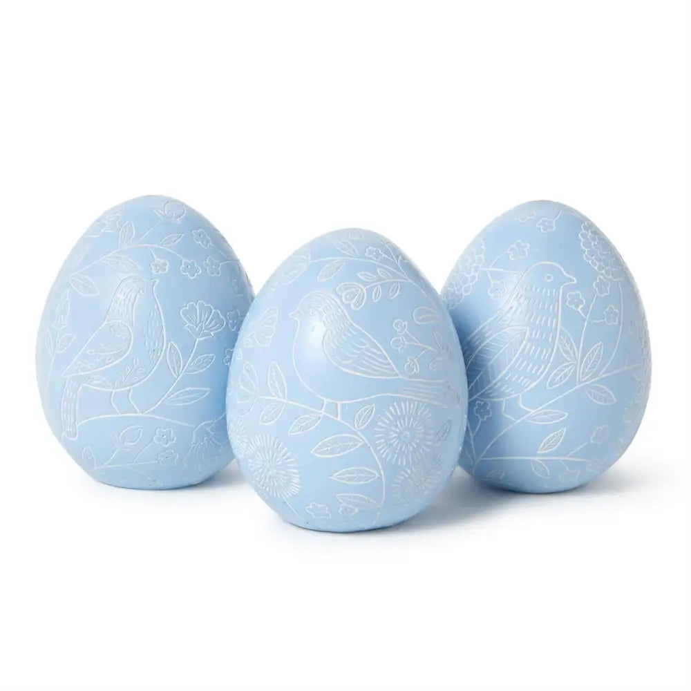 Blue Egg with Hand-Carved Bird Scene - Set of 3 - Easter Decor