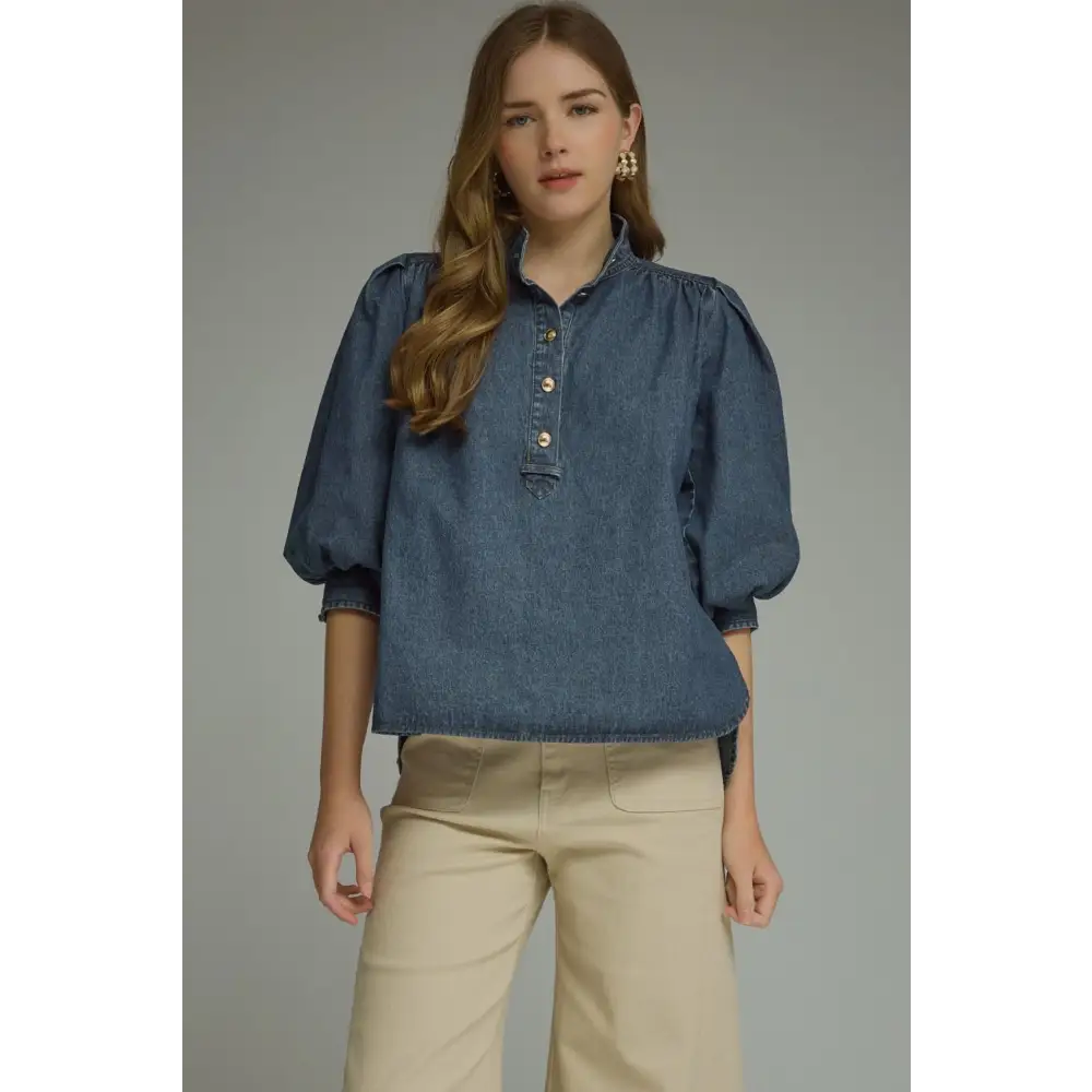 Blue Jean Color Bubble Sleeve Top - S - Blouse
