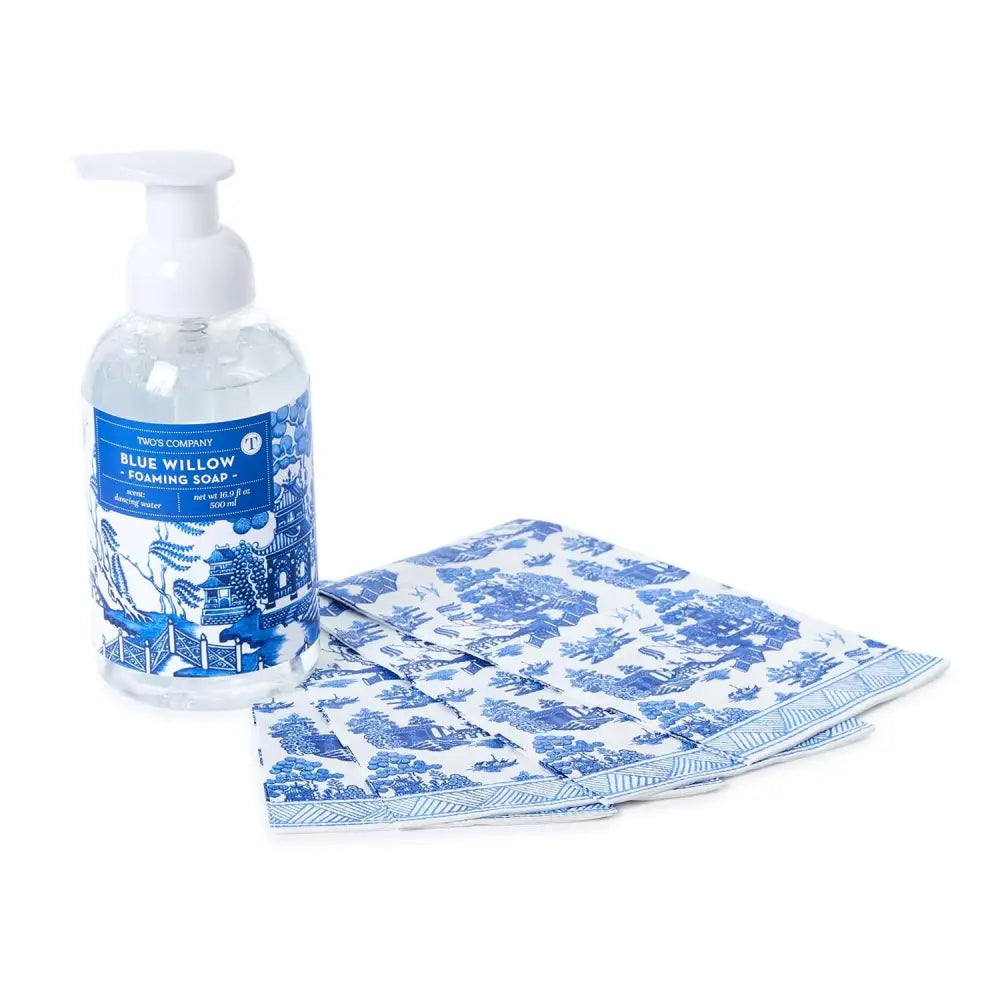 Blue Willow Crisp Linen Scented Foaming Soap with 20 Pc Guest Towels Set - Gifts