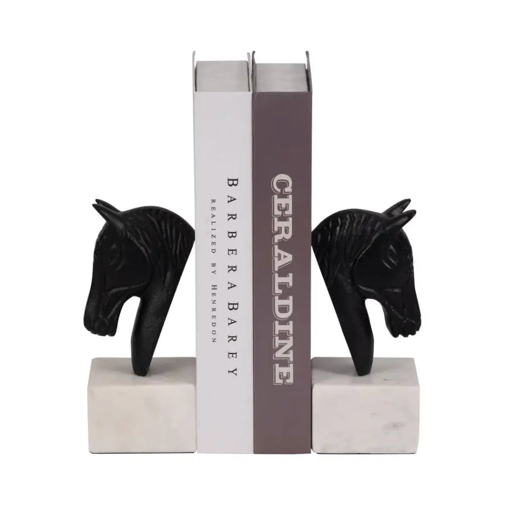 Bookends Set of 2 - White/Black Metal Horse Head 7 in.
