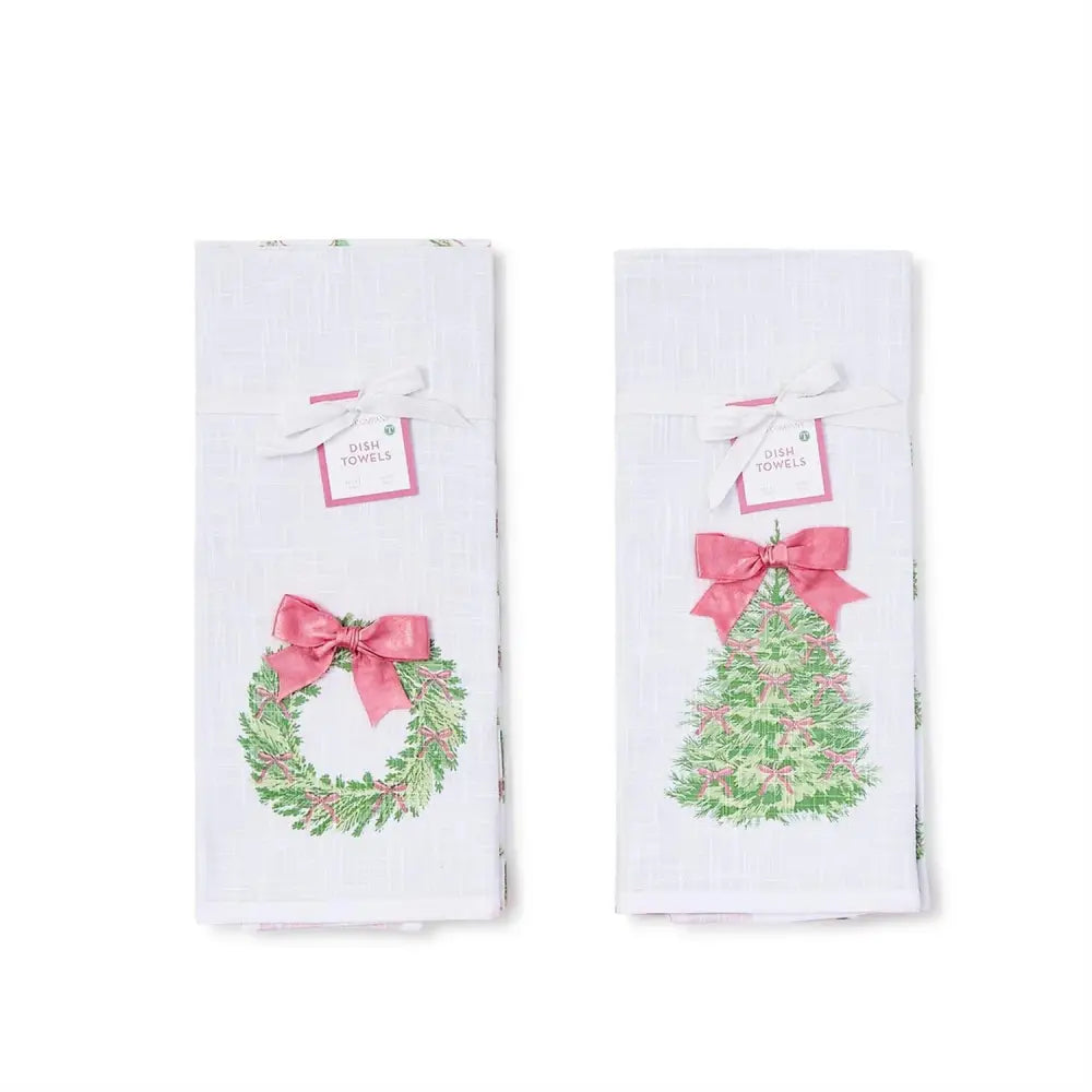 Bow-tiful Set of 2 Dish Towels with Satin Bow Accent - Christmas