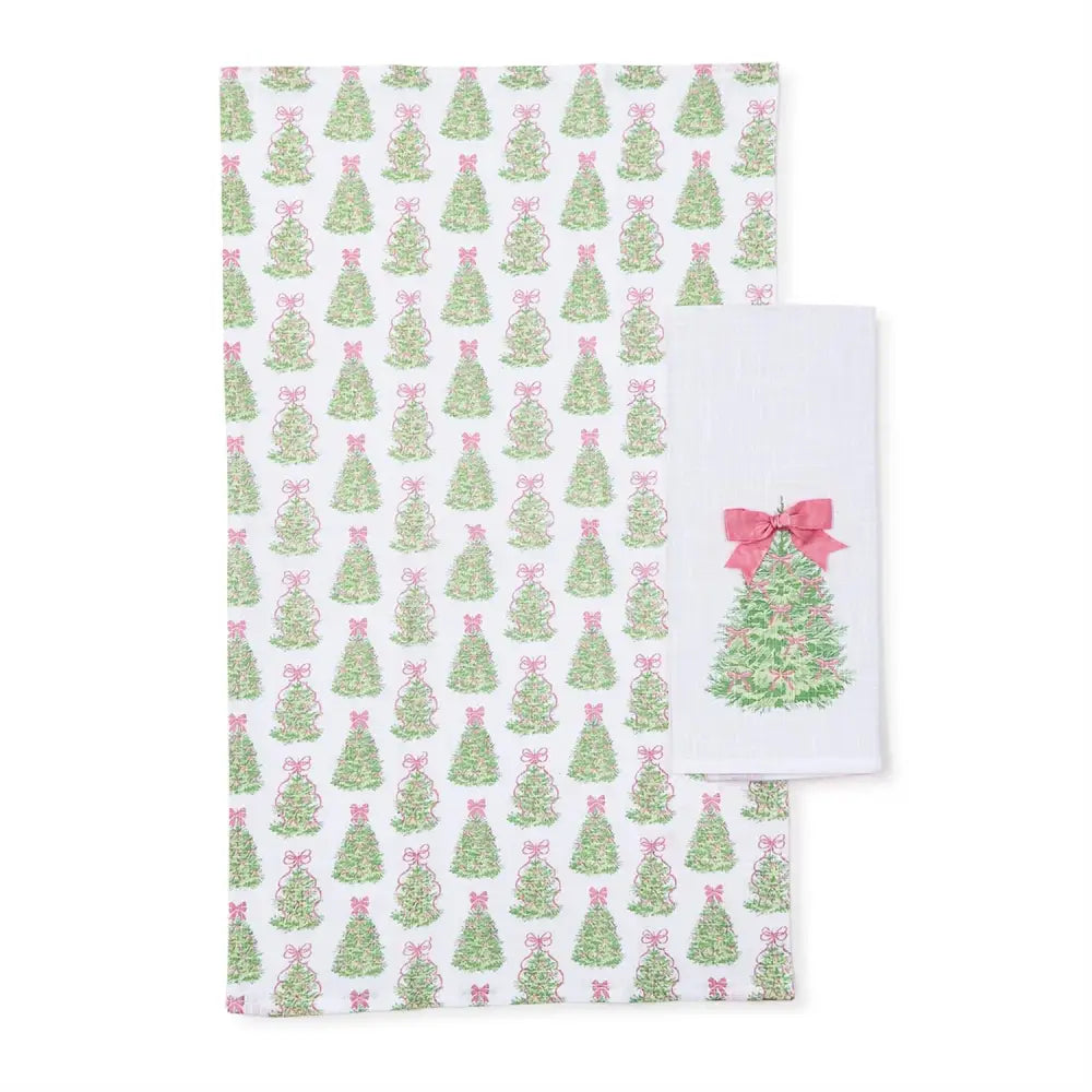 Bow-tiful Set of 2 Dish Towels with Satin Bow Accent - Tree - Christmas