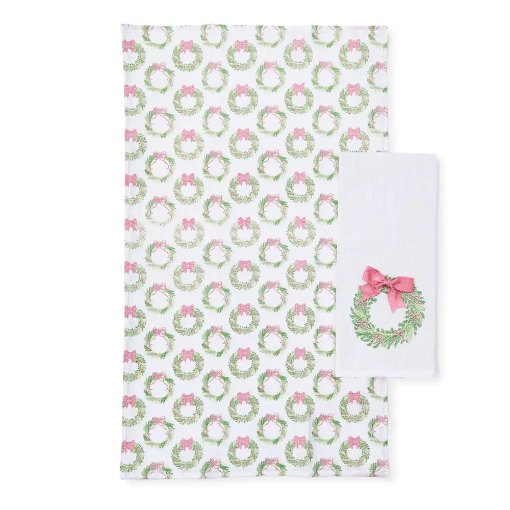 Bow-tiful Set of 2 Dish Towels with Satin Bow Accent - Wreath - Christmas