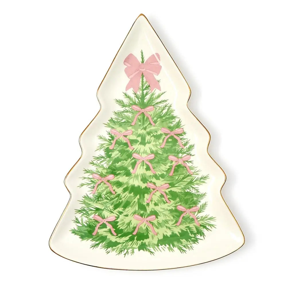 Bow-tiful Trees Christmas Tree Shape Plate with Gold Metallic Rim - Christmas