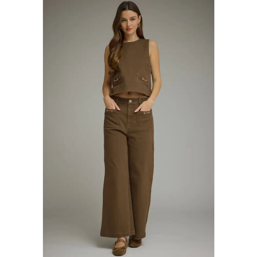 Brown Sleeveless Top with Gold Horse Buckle - Blouse