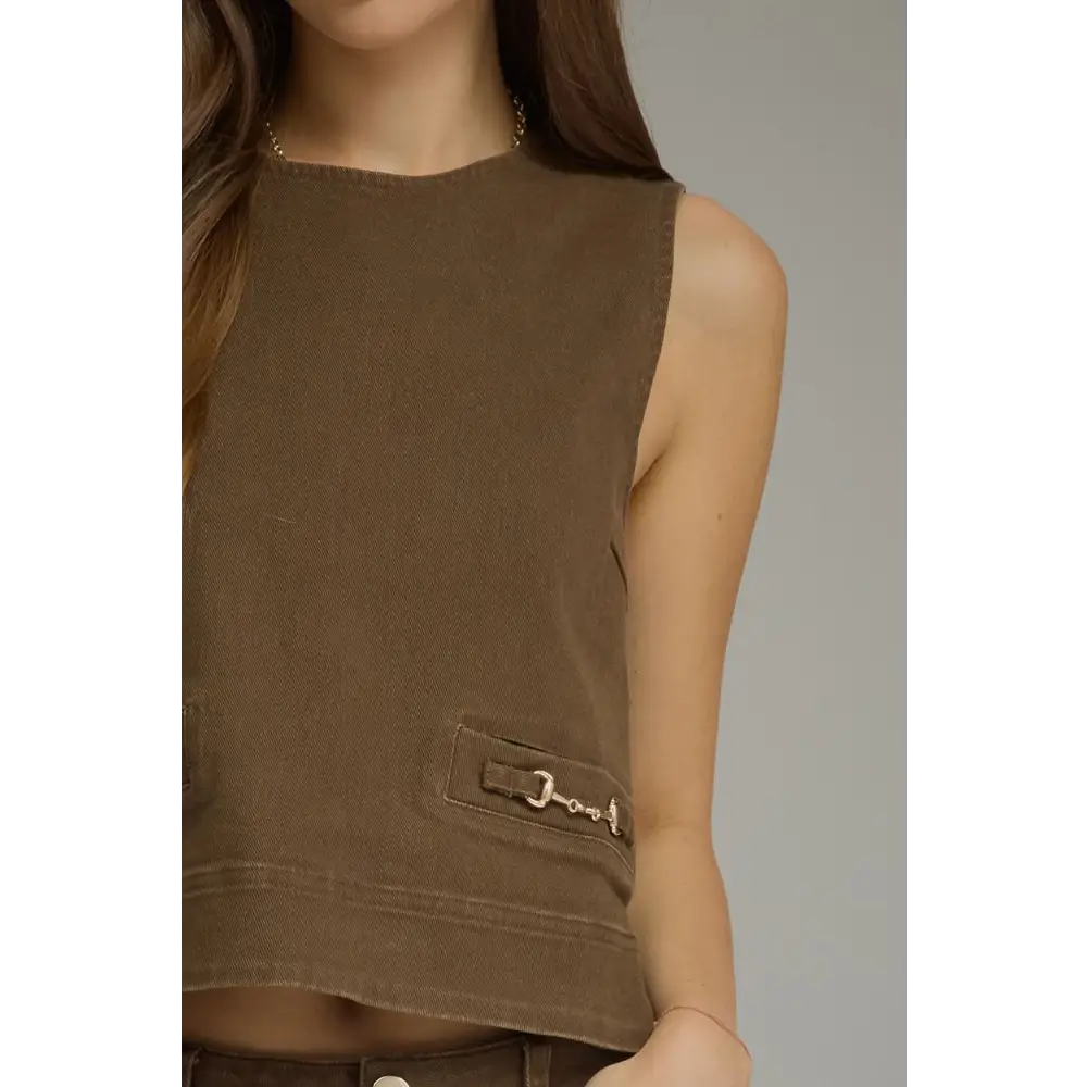 Brown Sleeveless Top with Gold Horse Buckle - S - Blouse