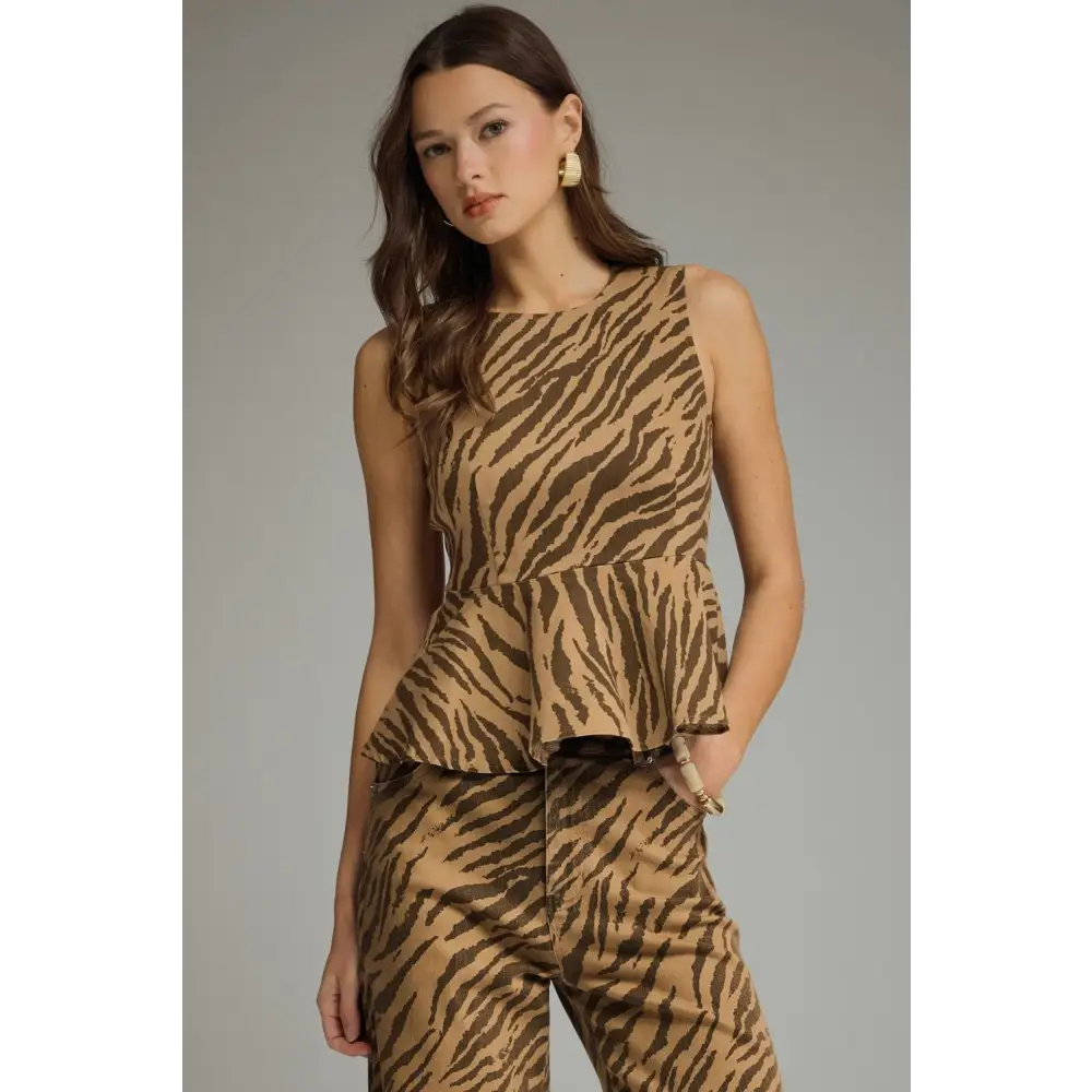 Brown Tiger Print Peplum Top - Blouse