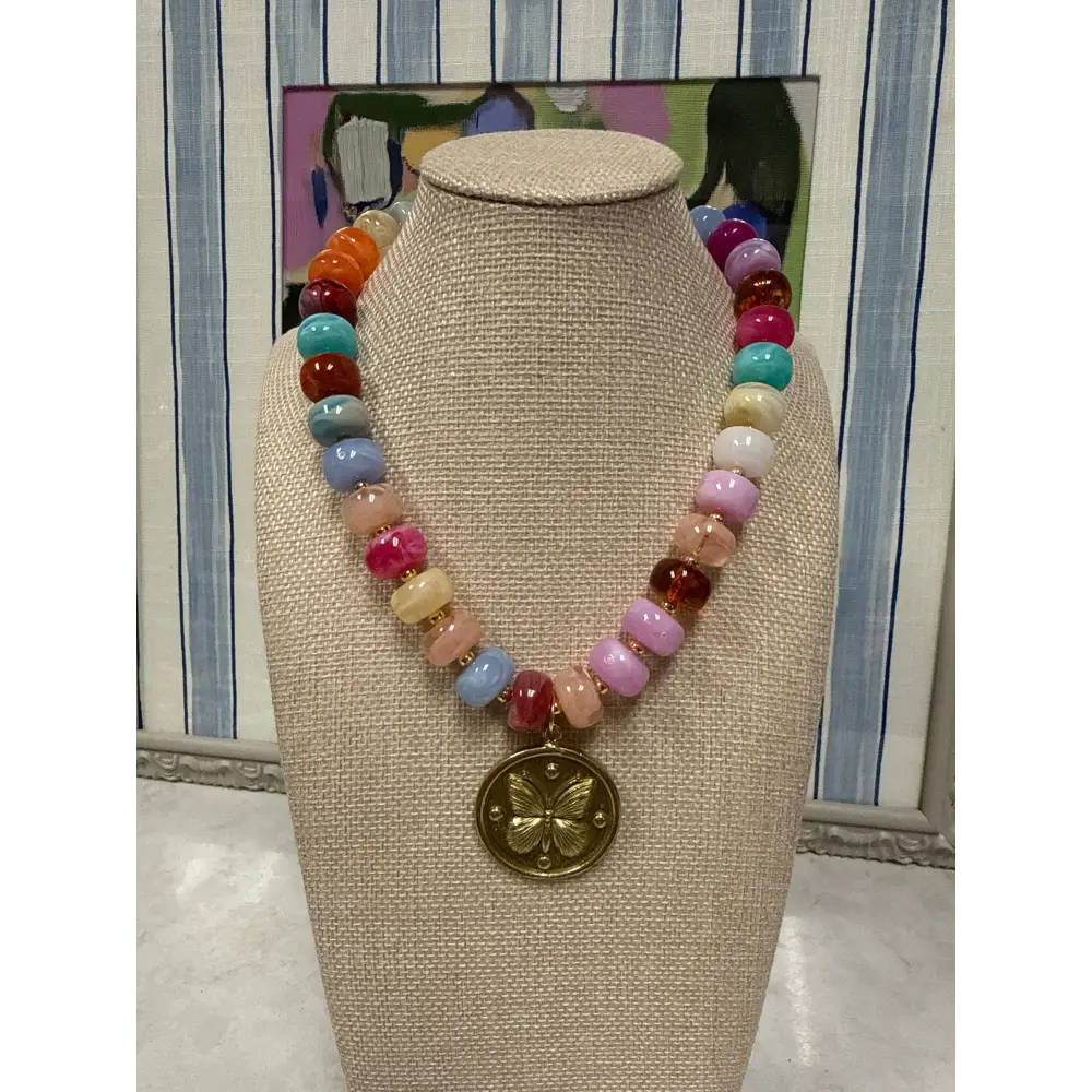 Butterfly Pendant Necklace - Multicolor - Necklace