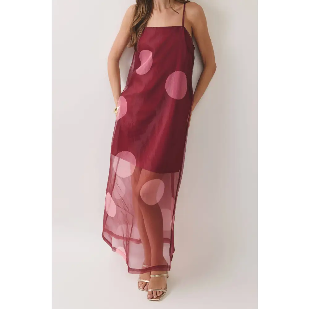 CD07181-Polka Dot Sheer Overlay Maxi Dress