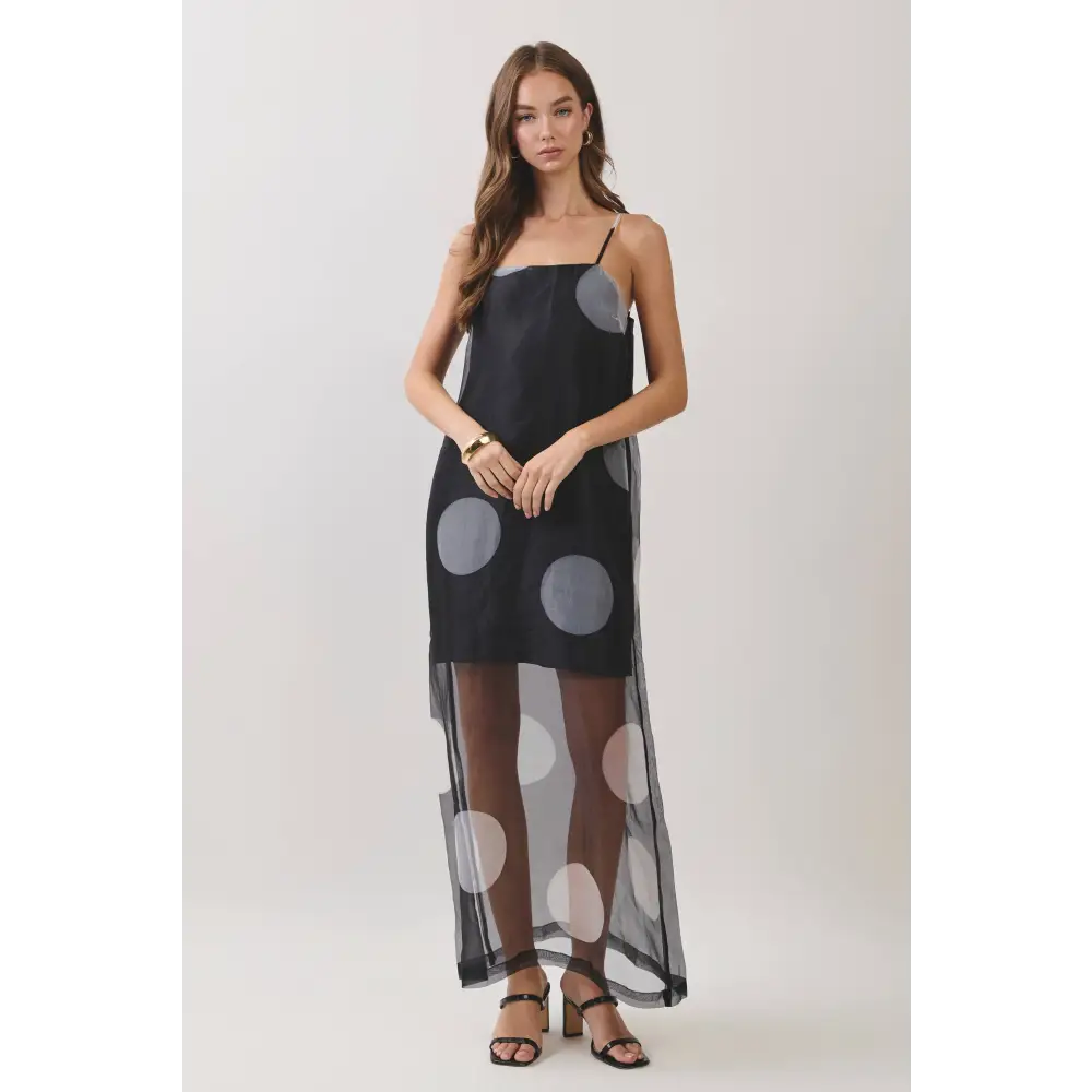 CD07181-Polka Dot Sheer Overlay Maxi Dress
