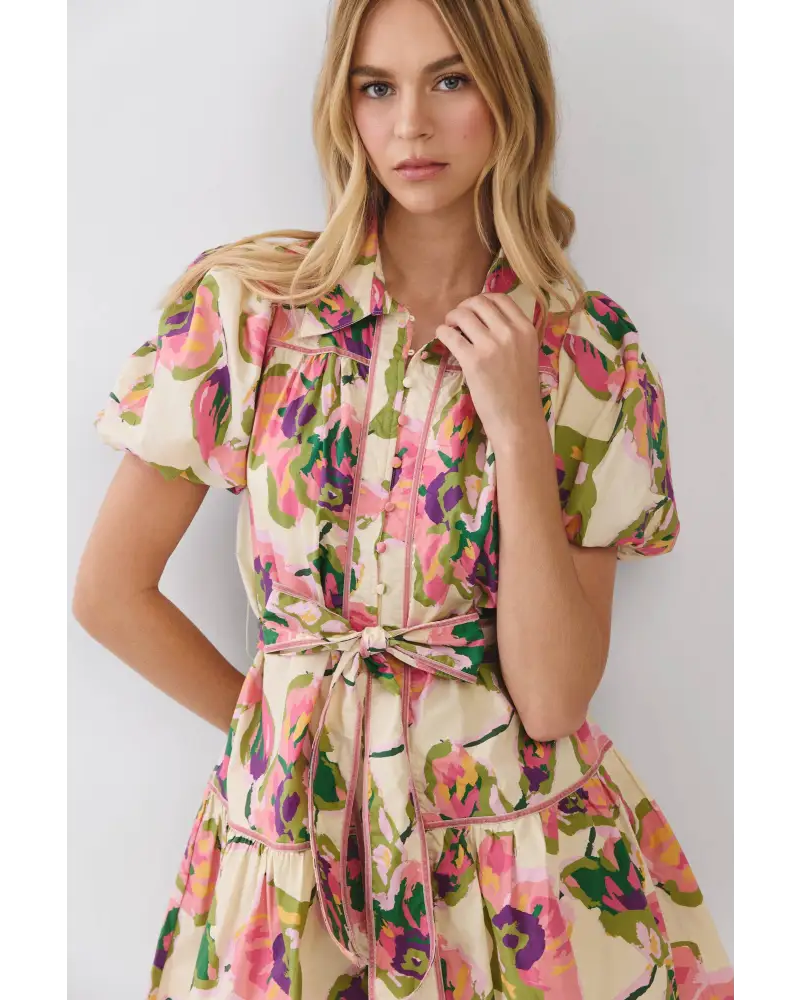 CD07233-Floral Print Puff Sleeve Belted Dress