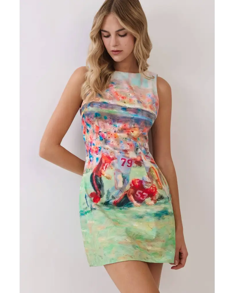 CD07335-Abstract Football Print Open Back Mini Dress