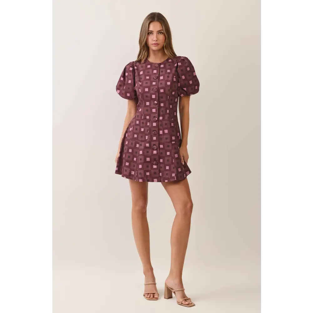 CD07621-Geometric Print Puff Sleeve Mini Dress
