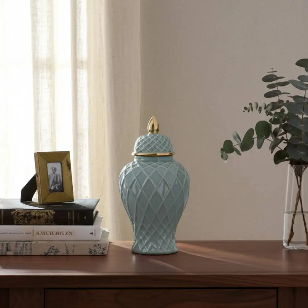 Ceramic Rope Temple Lidded Decorative Jar - Blue 14 in.