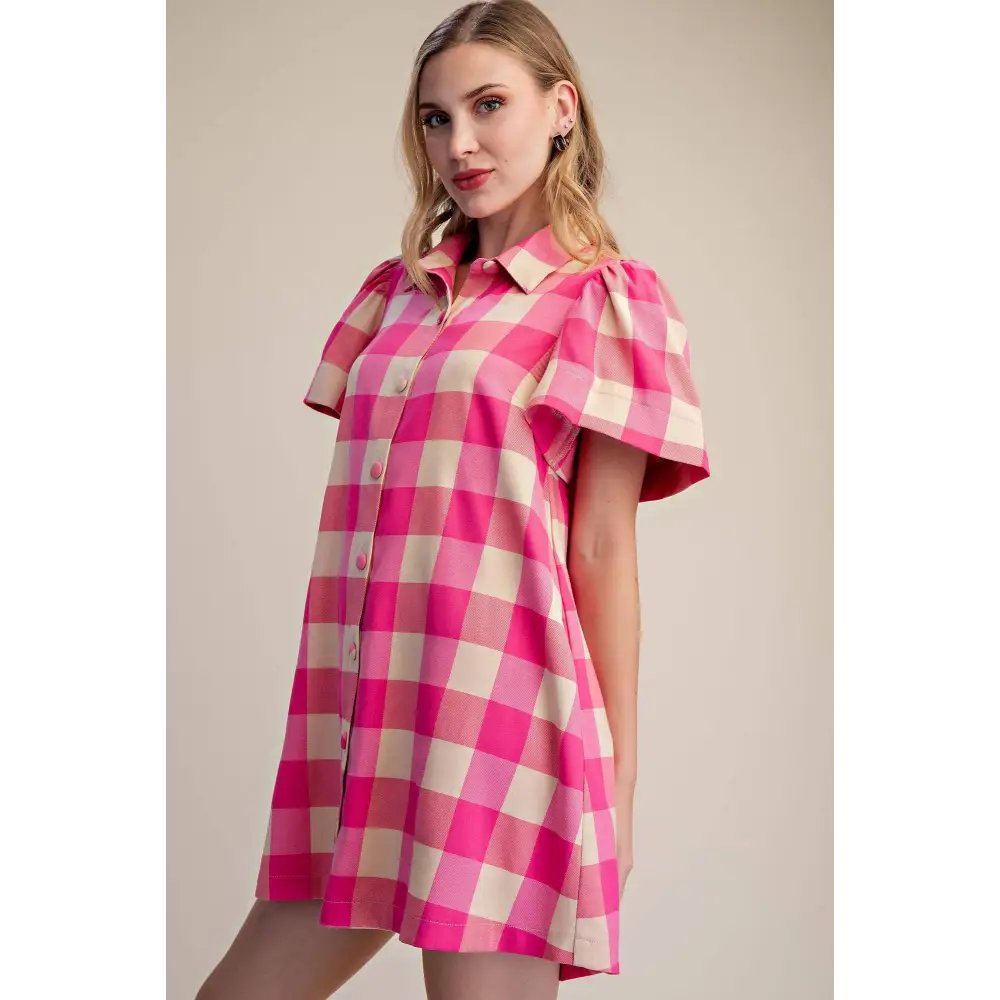 Checkered Mini Dress With Collar Neck Covered Button Down