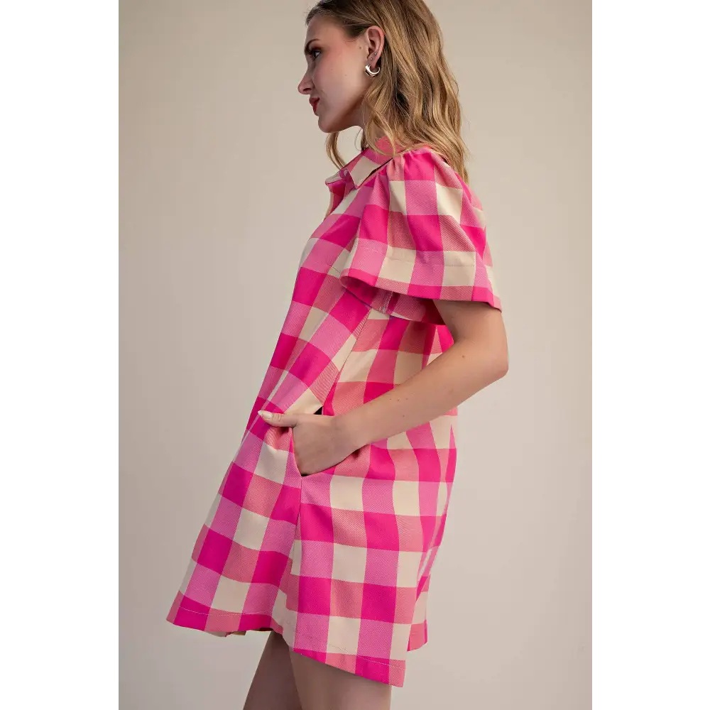 Checkered Mini Dress With Collar Neck Covered Button Down