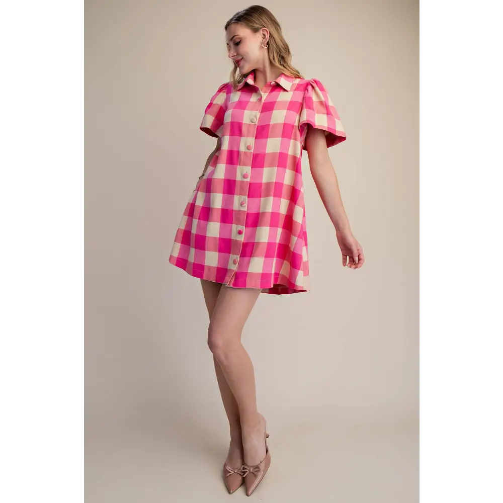 Checkered Mini Dress With Collar Neck Covered Button Down