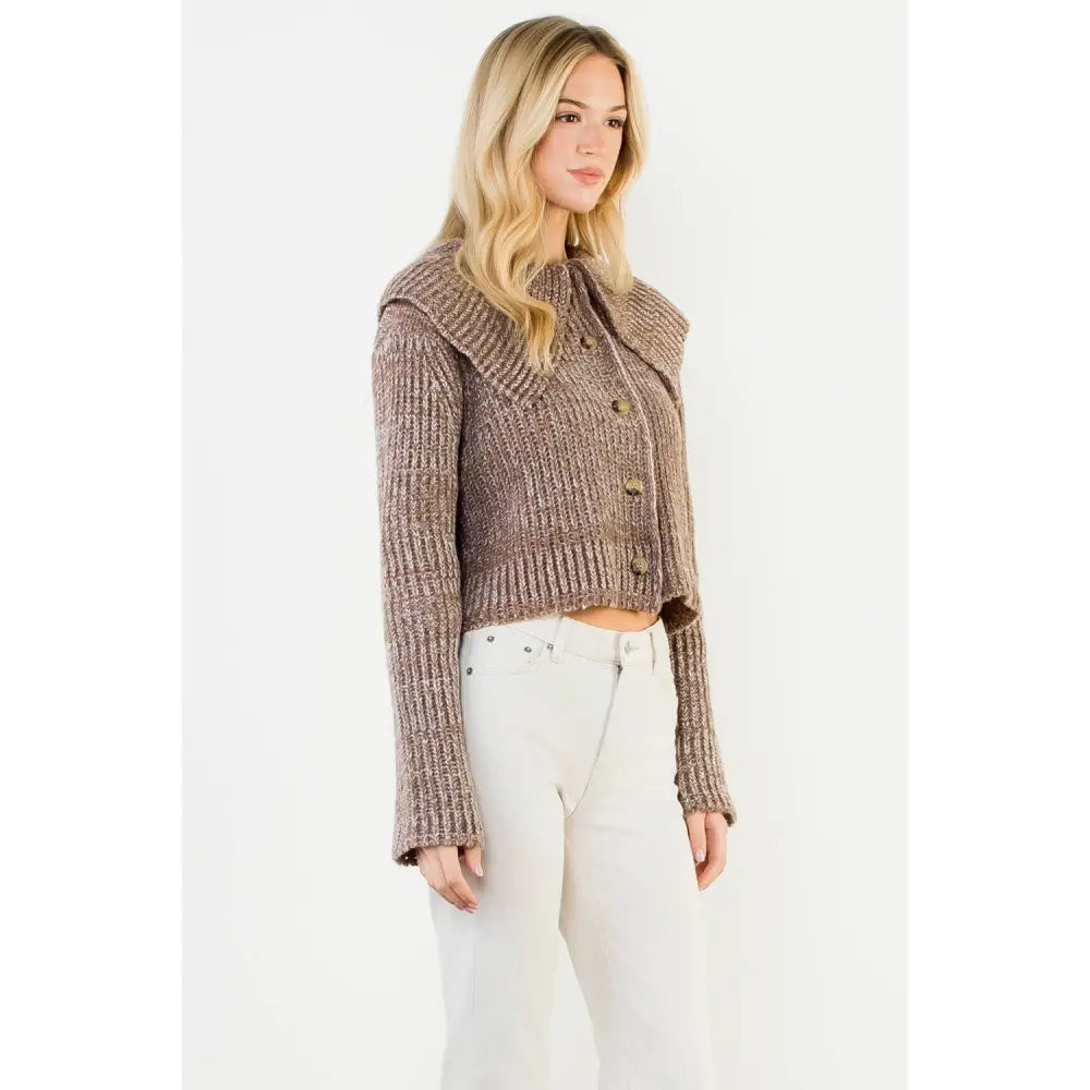 Cropped Knitted Collar Cardigan - XS-S-M-L(1-2-2-1) / BROWN