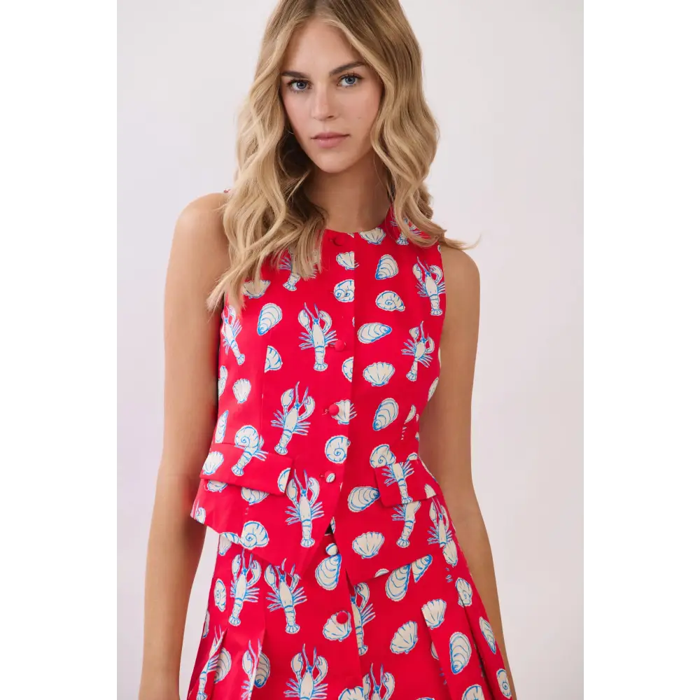 CT10045-Coastal Print Button Front Vest Top