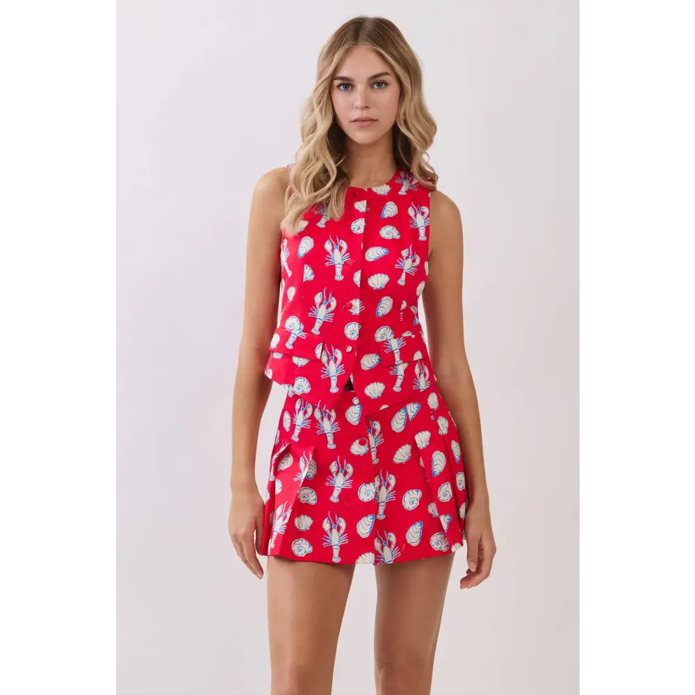 CT10045-Coastal Print Button Front Vest Top - M / Red