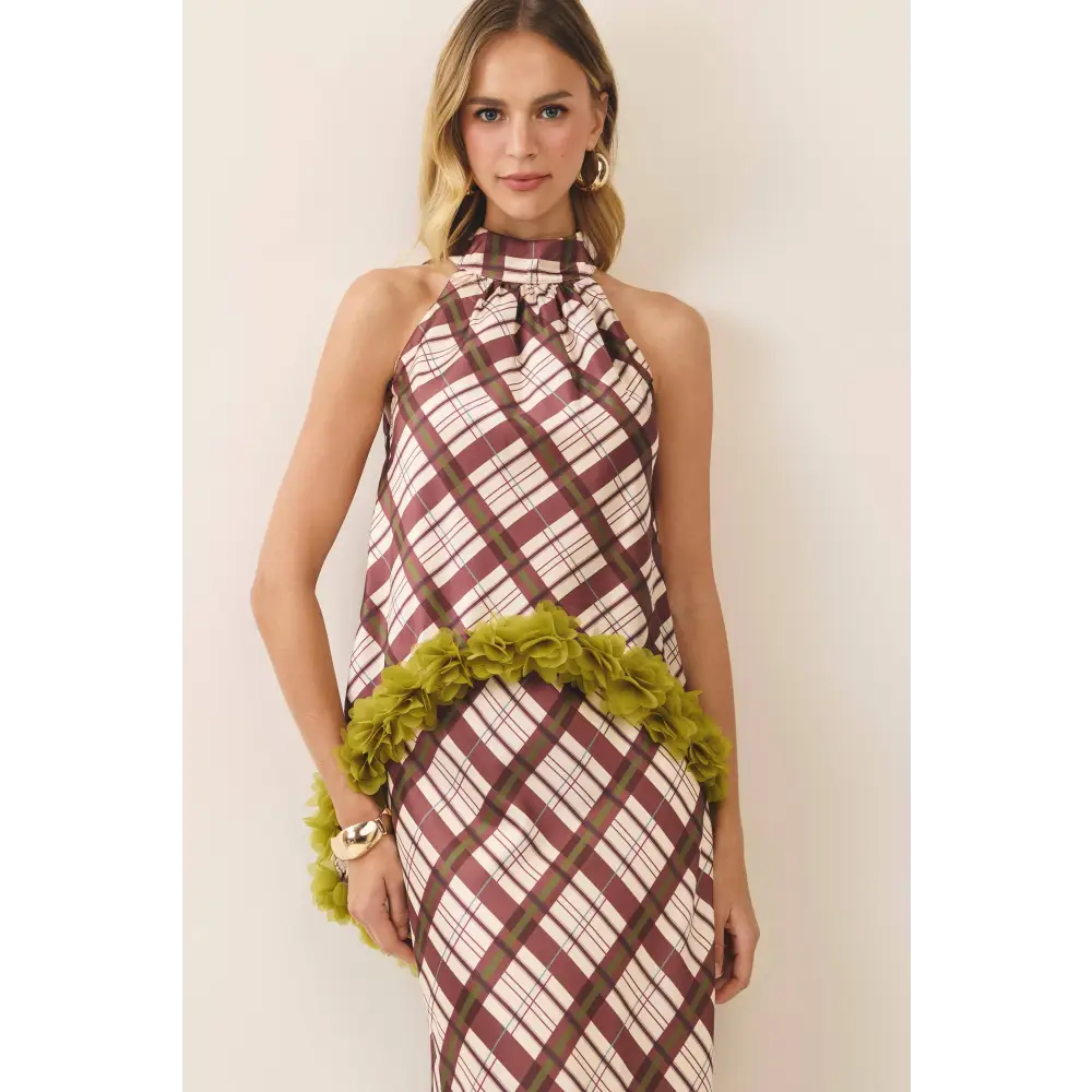 CT10283-Plaid Floral Applique Halter Top - L / OLIVE