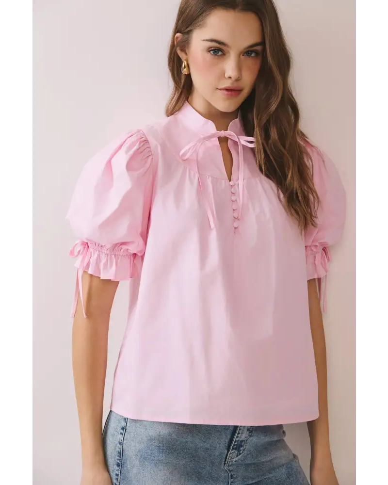 CT9871-Soft Stand Collar With Tie Neck Puff Sleeve Blouse - L / Pink