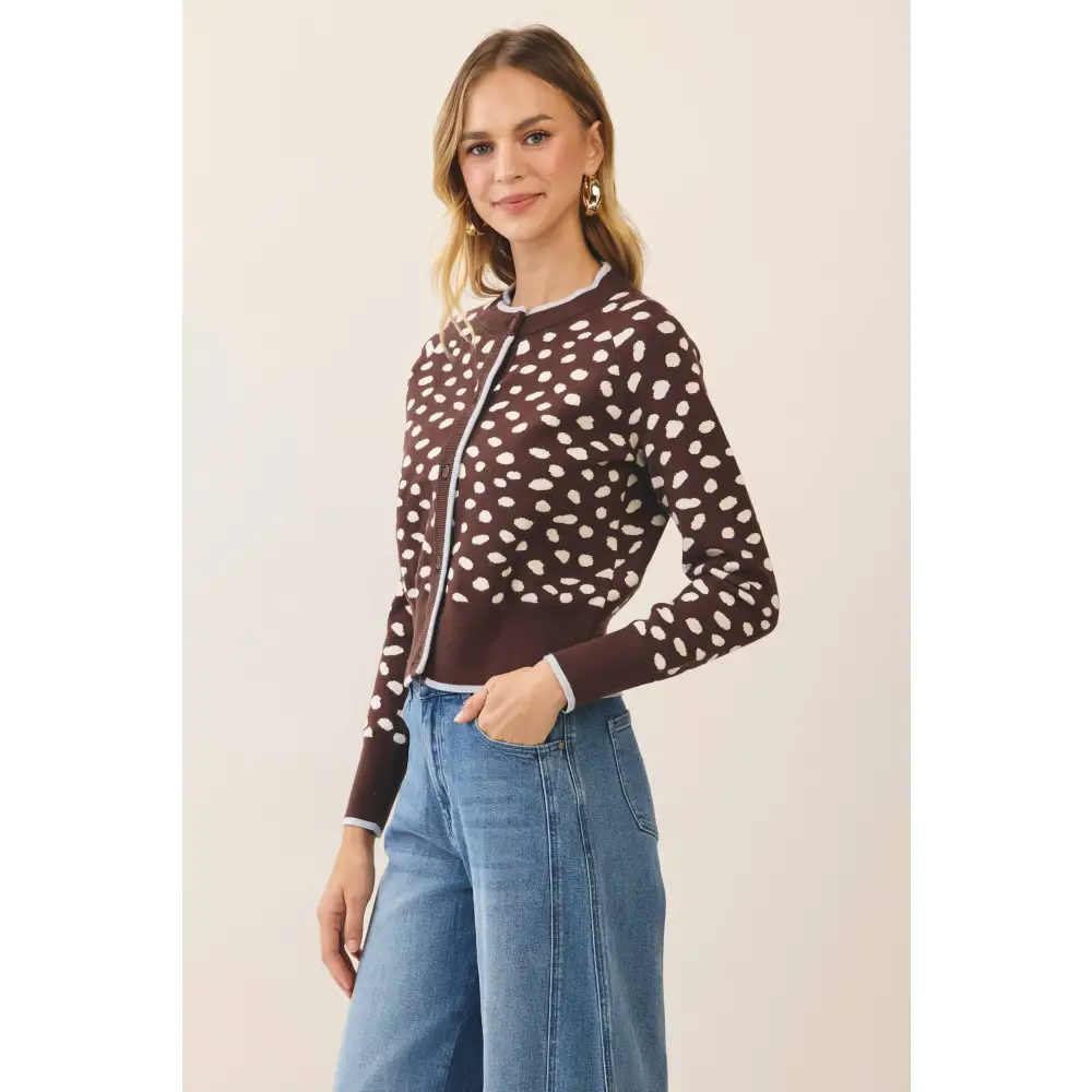 CW2683-Spotted Print Contrast Trim Knit Cardigan
