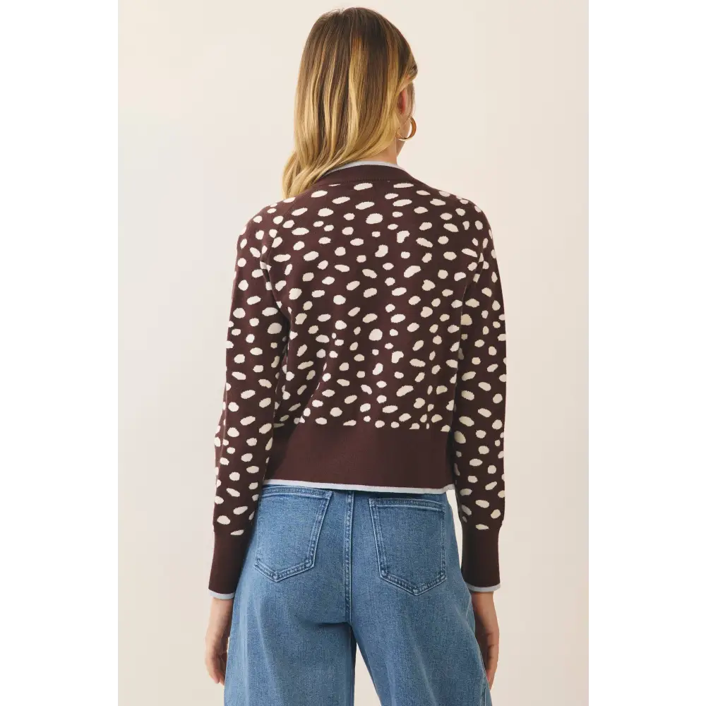 CW2683-Spotted Print Contrast Trim Knit Cardigan