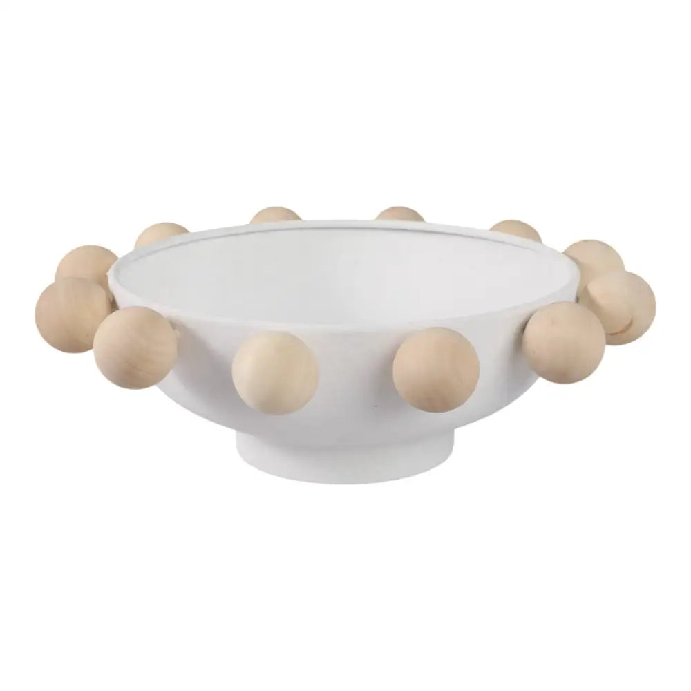 Decorative Bowl - White Wood/Metal Round Large Knobs 13 in.