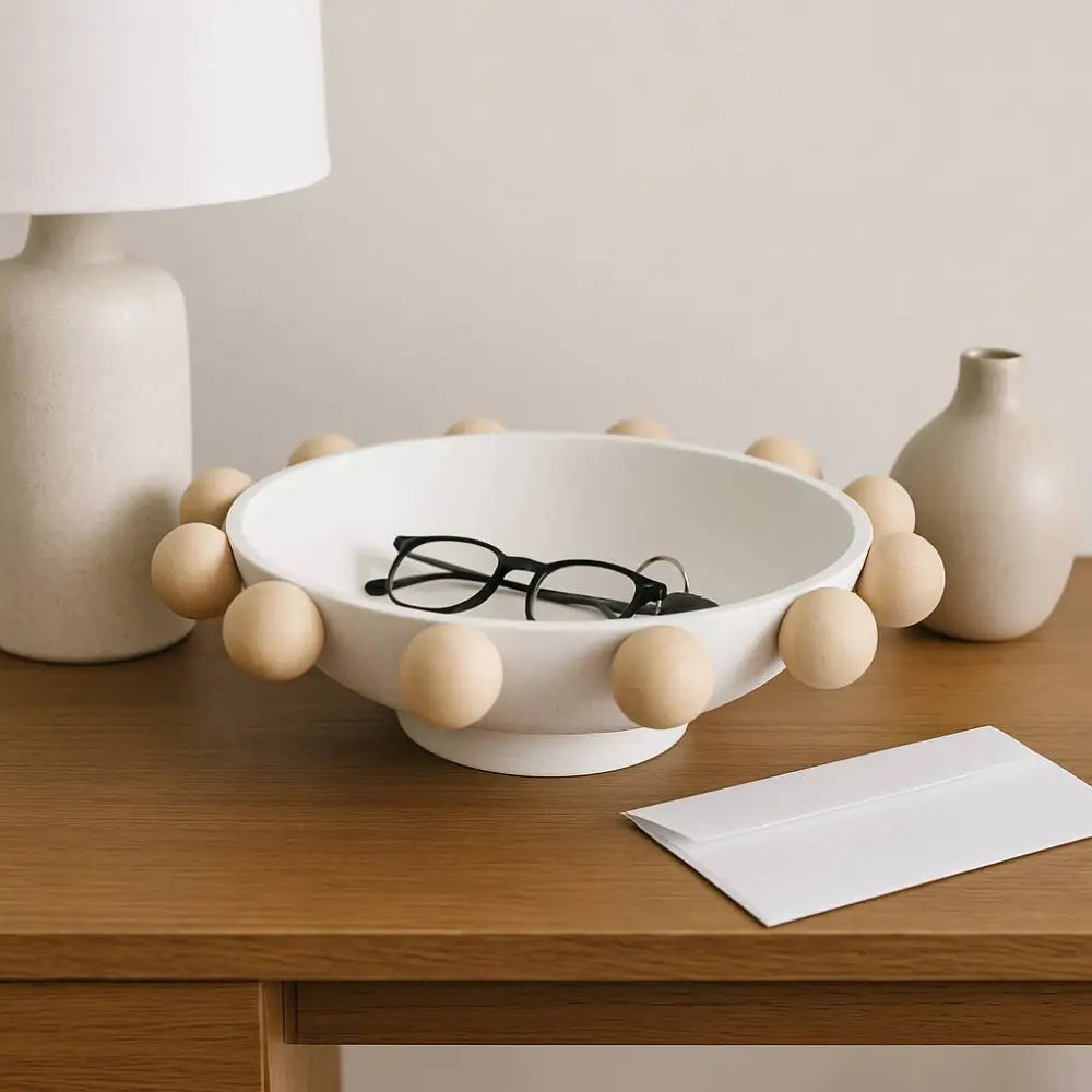 Decorative Bowl - White Wood/Metal Round Large Knobs 13 in.
