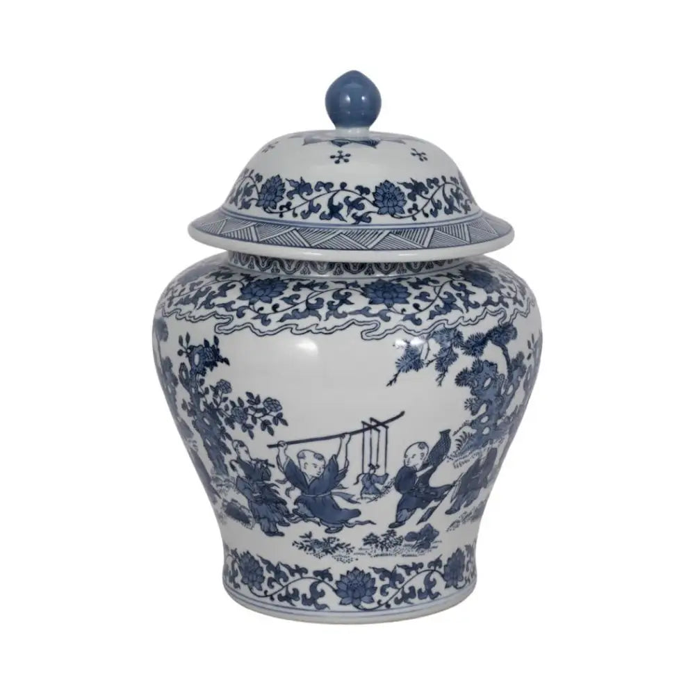 Decorative Jar - Blue Ceramic Blossoms Temple 15 in.