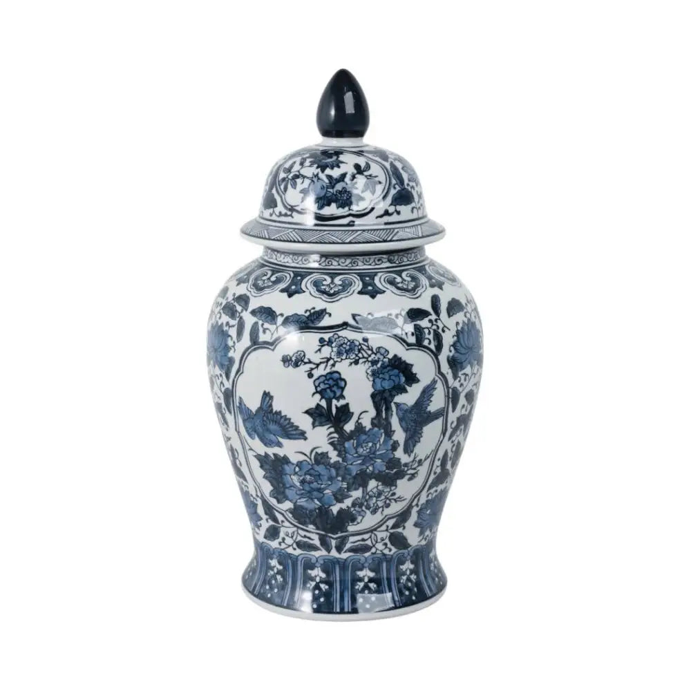 Decorative Jar - Blue Ceramic Flowers Temple Style 19 in.