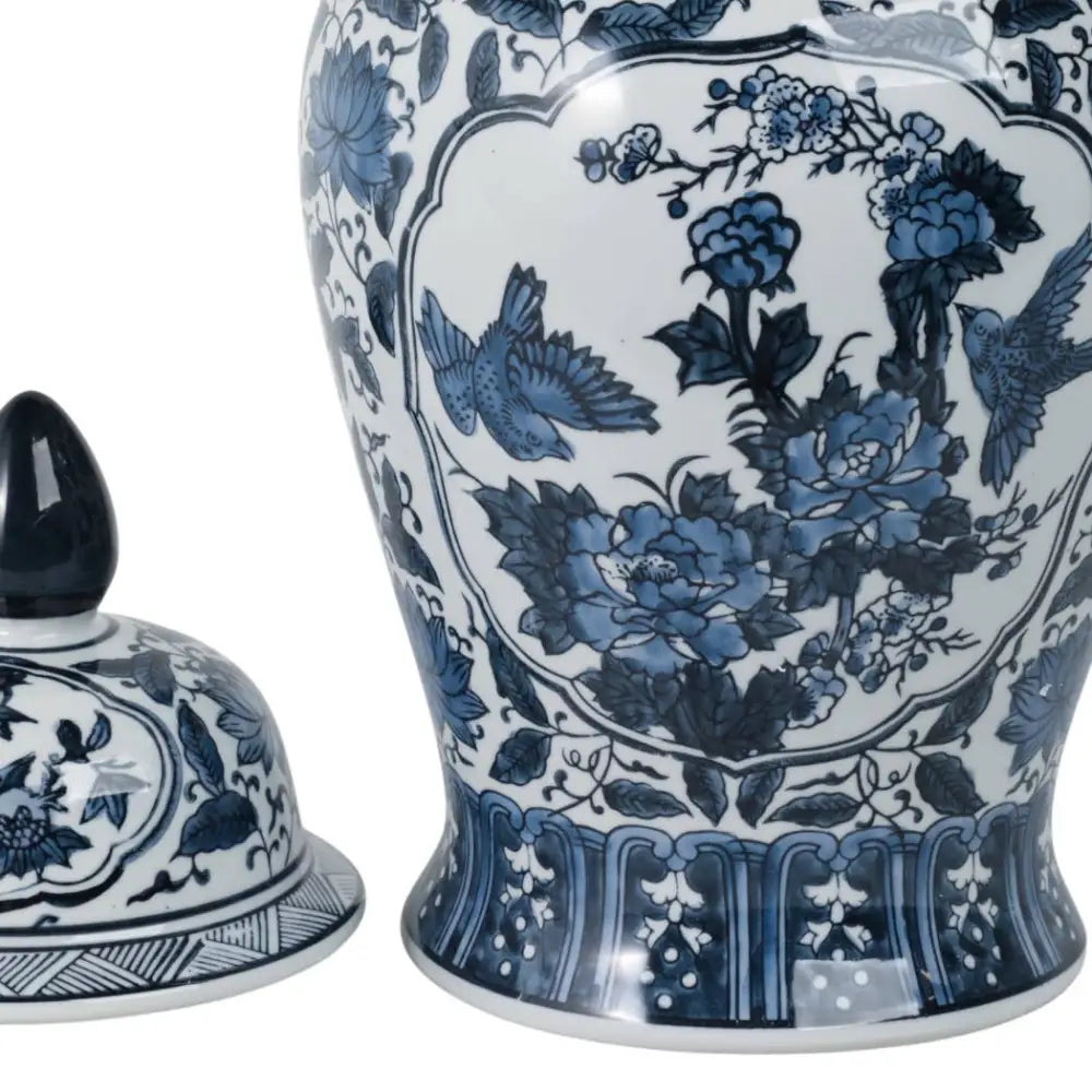 Decorative Jar - Blue Ceramic Flowers Temple Style 19 in.