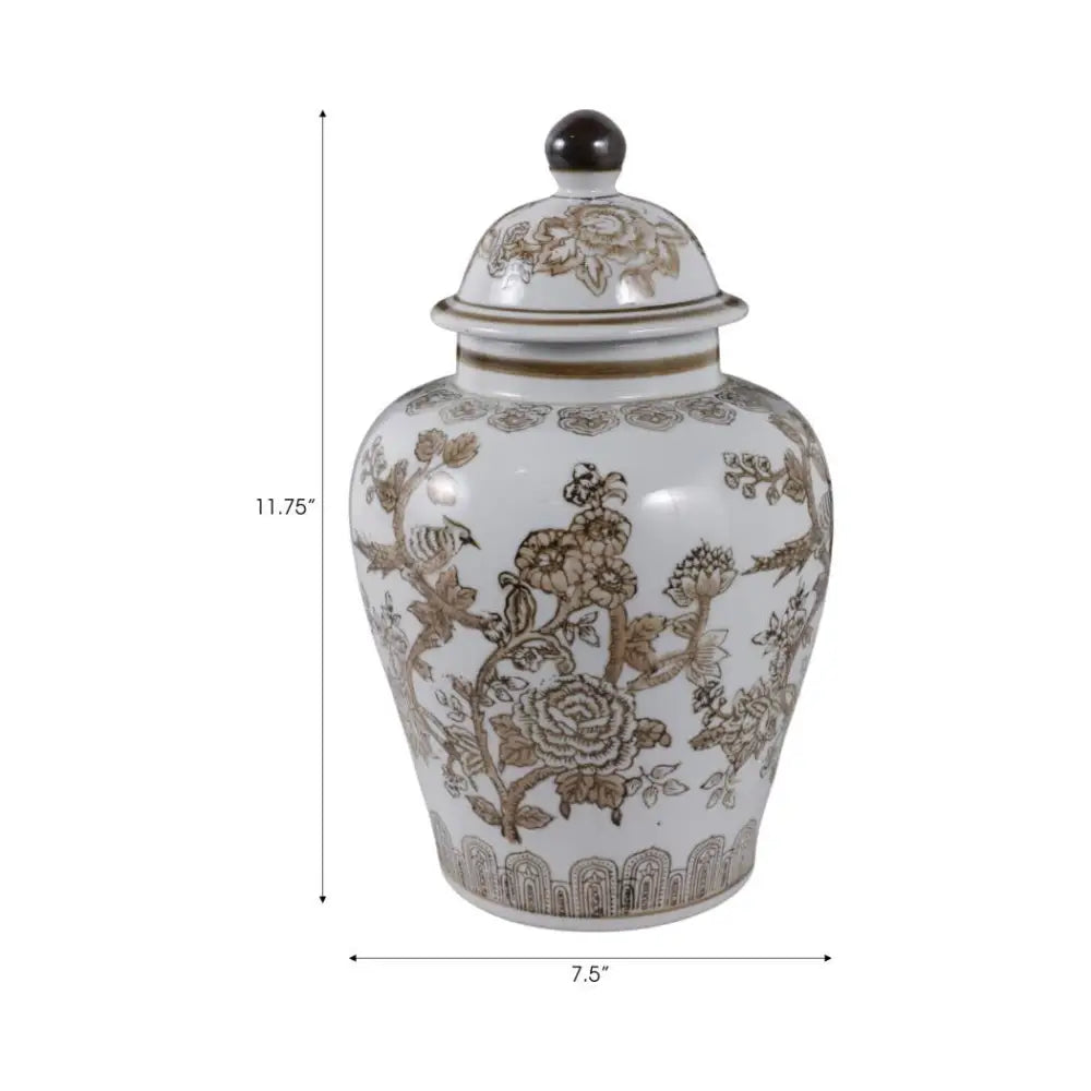 Decorative Jar - Brown/White Ceramic Chinoiserie Bird 12