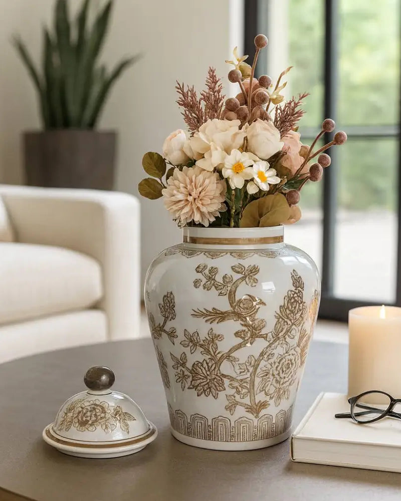 Decorative Jar - Brown/White Ceramic Chinoiserie Bird 12