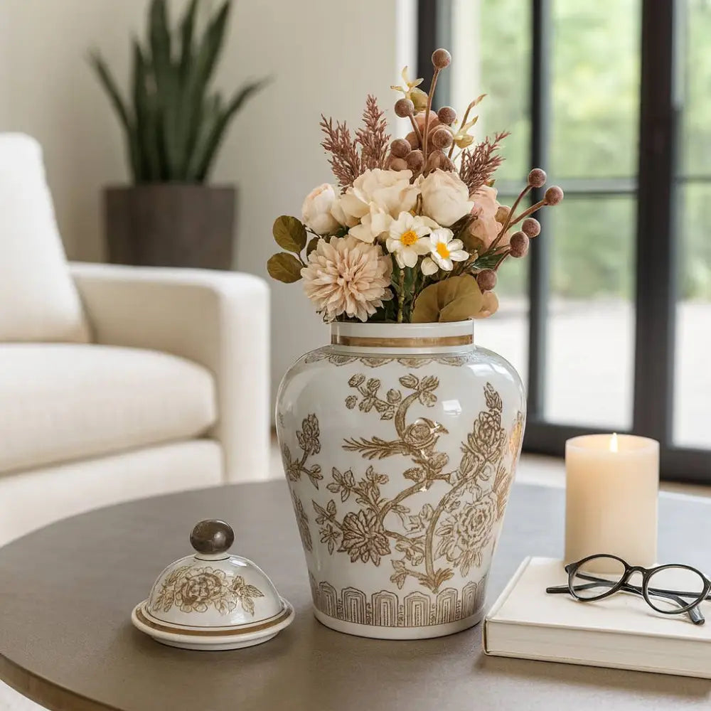 Decorative Jar - Brown/White Ceramic Chinoiserie Bird 12