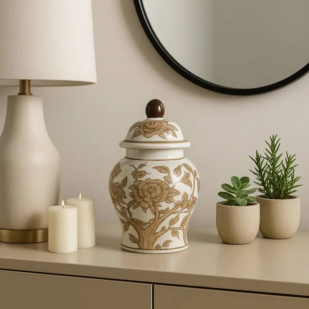 Decorative Jar - Brown & White Ceramic Tall with Lid 8 in.