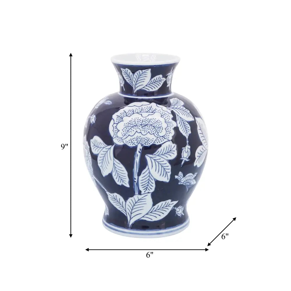 Decorative Vase - Blue Ceramic Floral Round Chinoiserie 9in