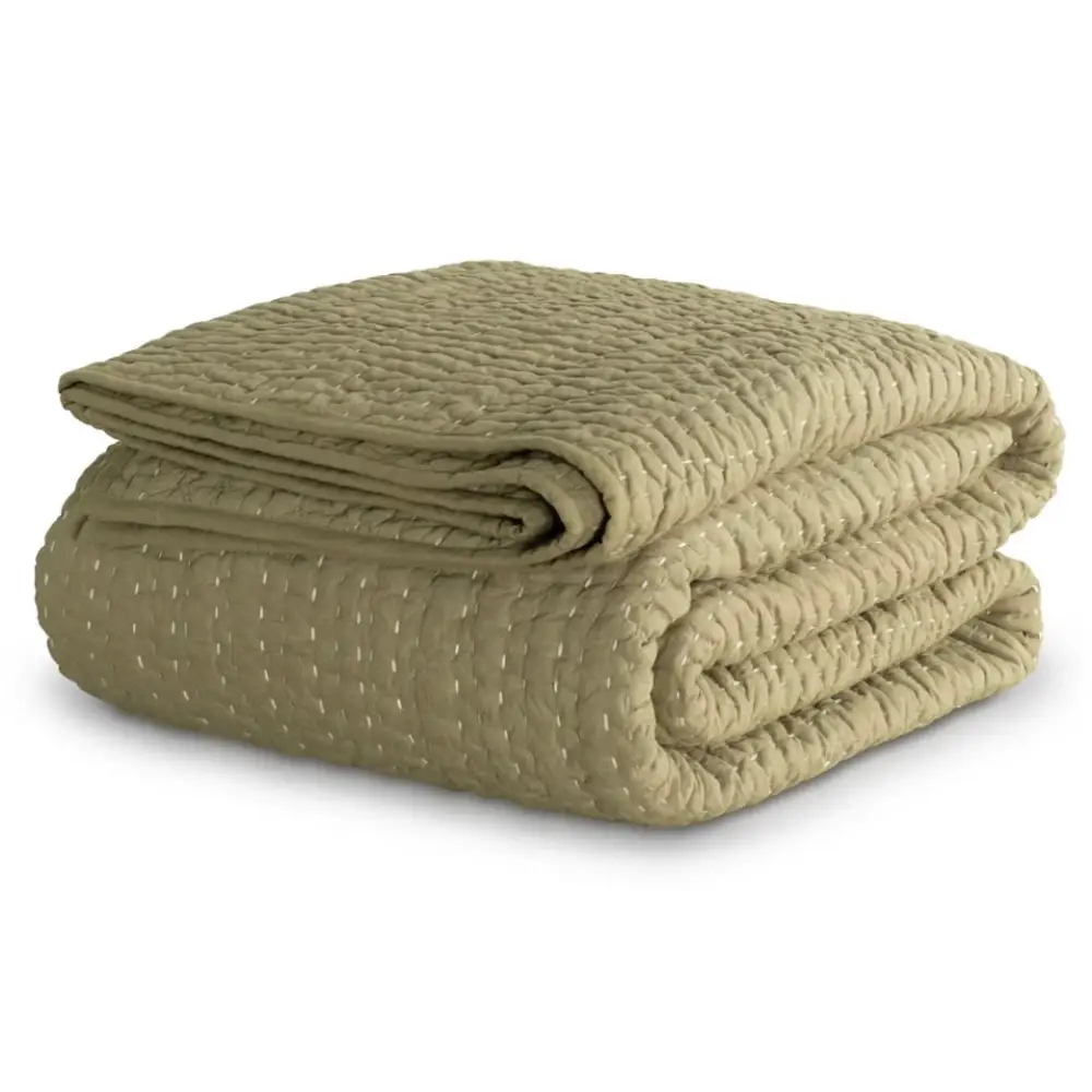 Deepali Kantha Quilt Olive - Bedding