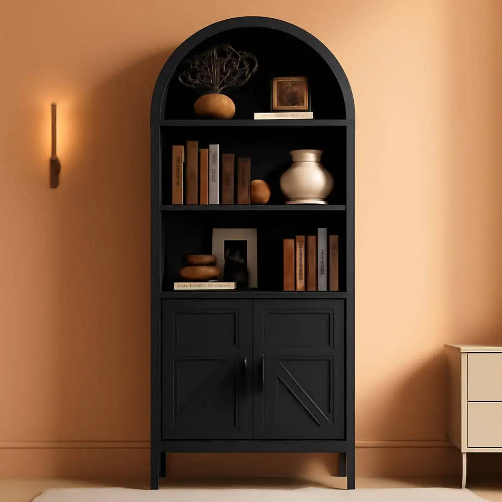 Elegant Arched Bookshelf Seventy One Inch With Door Storage Cabinet - Black
