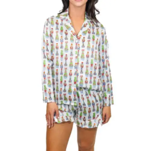 Festive Nutcracker Satin Pajama Long Sleeve Short Set - christmas pajamas