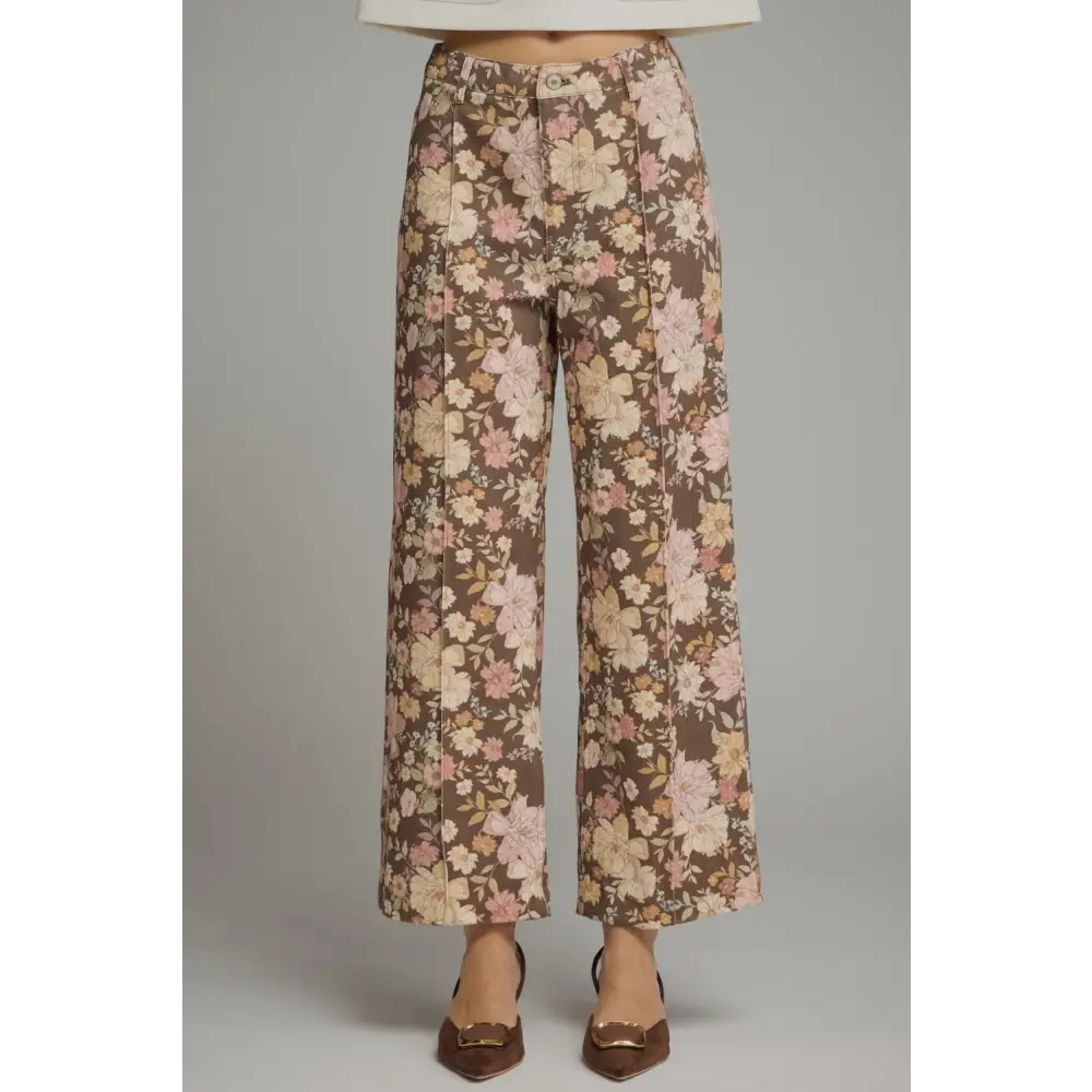 Floral Print Pants - Brown / S - Pants