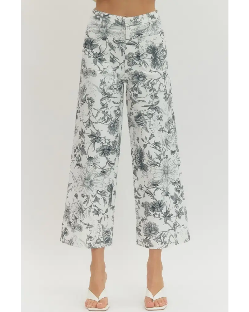 Floral Print Wide Leg Pants - Pants