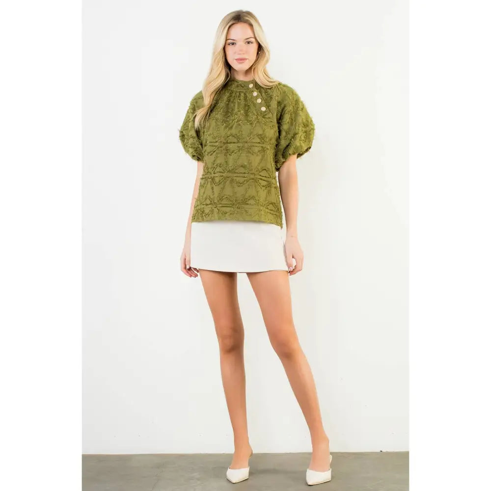 Frayed Jacquard Puff Sleeve Top - XS-S-M-L(1-2-2-1) / OLIVE