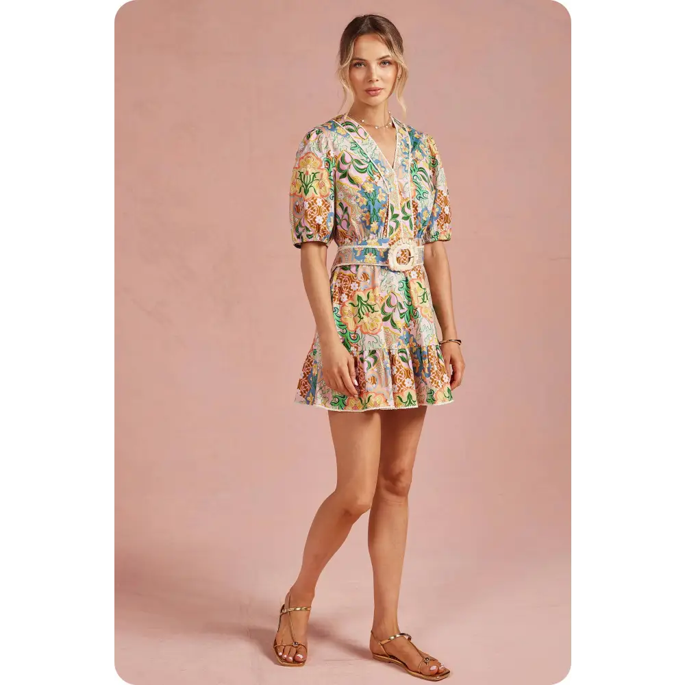 Garden Party Puff Sleeve Belted Cotton Mini Dress