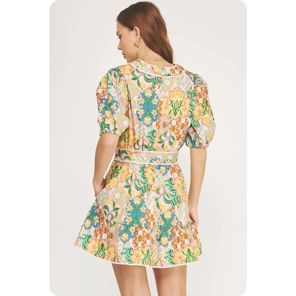 Garden Party Puff Sleeve Belted Cotton Mini Dress