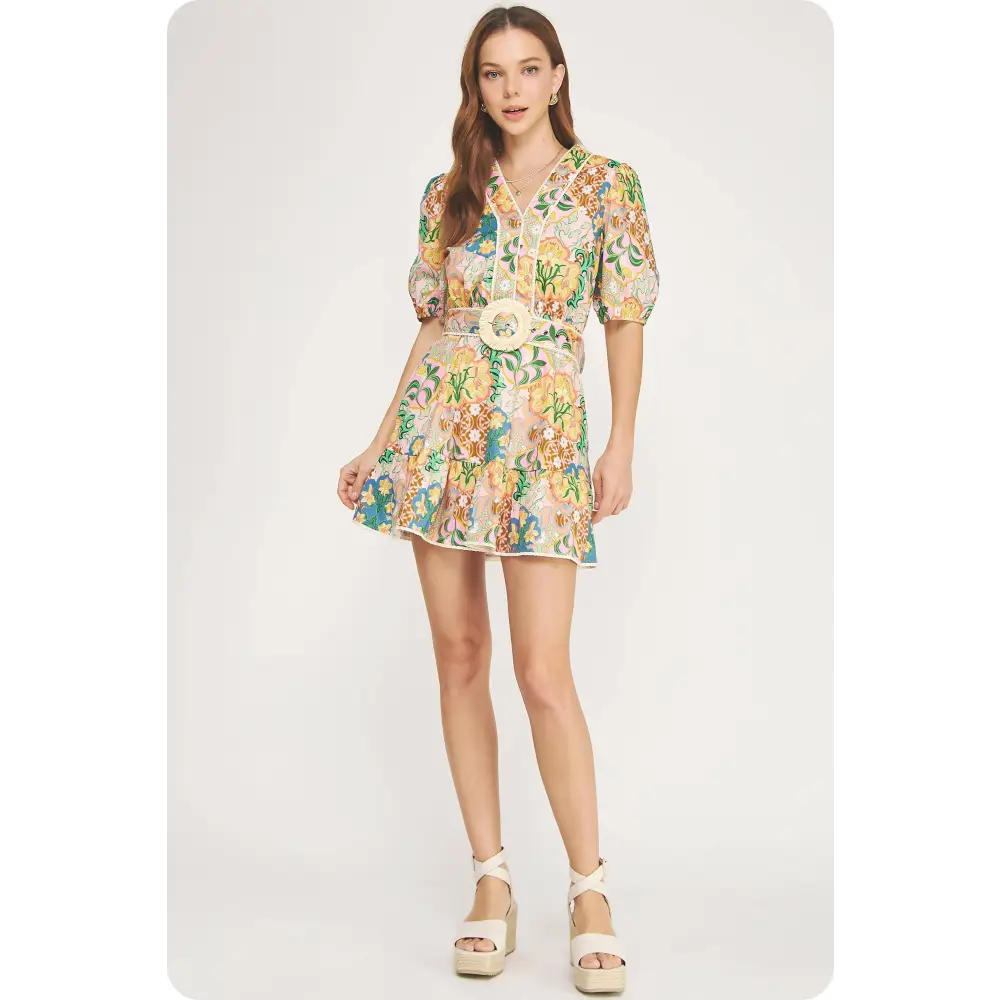 Garden Party Puff Sleeve Belted Cotton Mini Dress